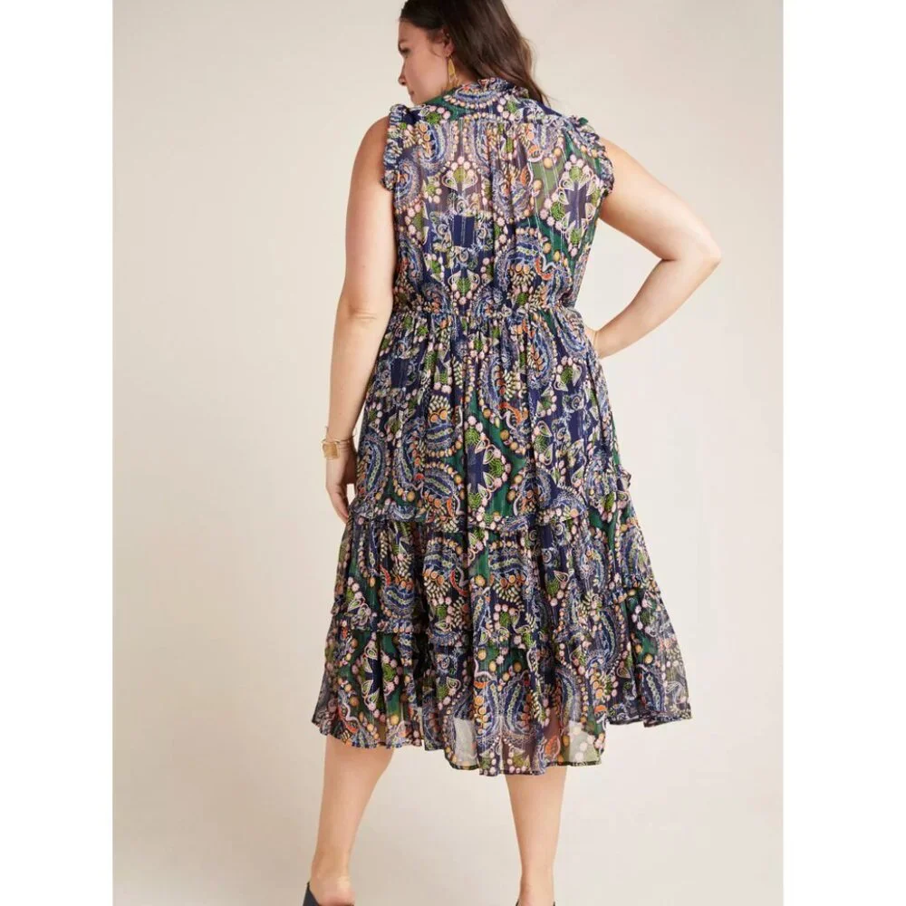 Anthropologie Green Paisley Midi Dress with Navy & Pink Accents